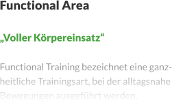 Functional Area  „Voller Körpereinsatz“  Functional Training bezeichnet eine ganz- heitliche Trainingsart, bei der alltagsnahe Bewegungen ausgeführt werden,